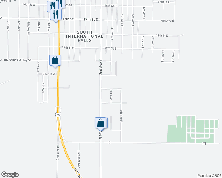 map of restaurants, bars, coffee shops, grocery stores, and more near 2207 22 Street East in International Falls