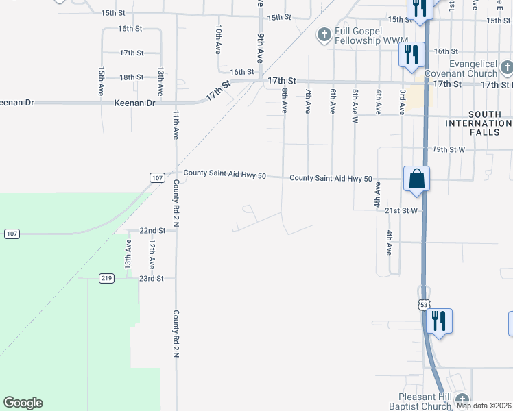map of restaurants, bars, coffee shops, grocery stores, and more near 2010 8th Avenue in International Falls