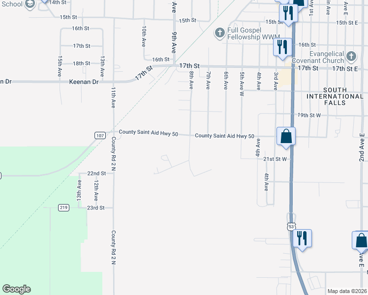 map of restaurants, bars, coffee shops, grocery stores, and more near 2010 8th Avenue in International Falls
