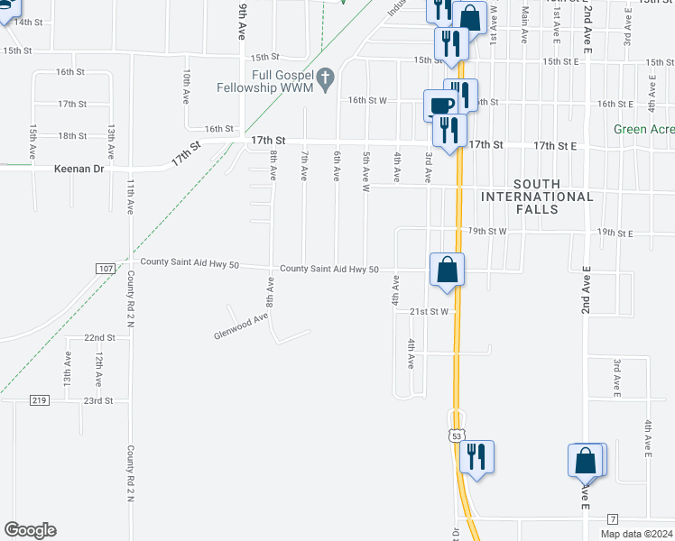 map of restaurants, bars, coffee shops, grocery stores, and more near 1998 6th Avenue in International Falls