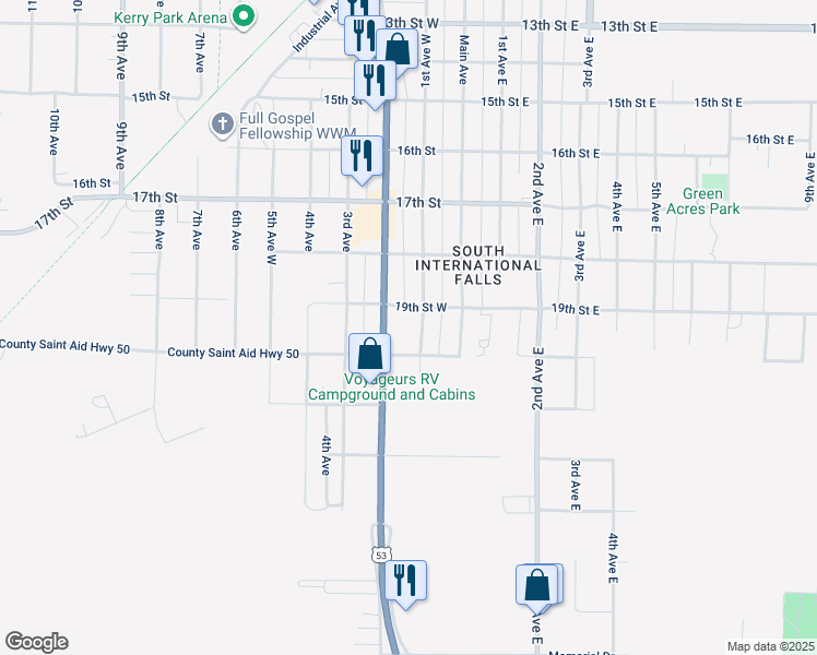 map of restaurants, bars, coffee shops, grocery stores, and more near 1910 1st Avenue in International Falls