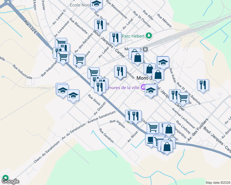 map of restaurants, bars, coffee shops, grocery stores, and more near 105 Avenue Doucet in Mont-Joli