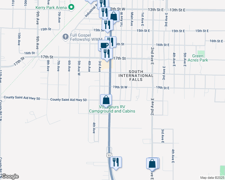 map of restaurants, bars, coffee shops, grocery stores, and more near 1910 1st Avenue in International Falls