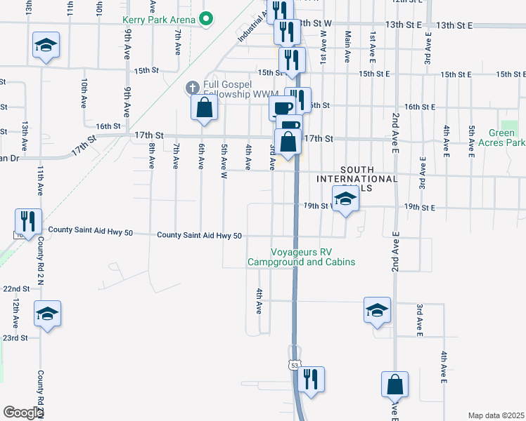 map of restaurants, bars, coffee shops, grocery stores, and more near 1918 3rd Avenue in International Falls