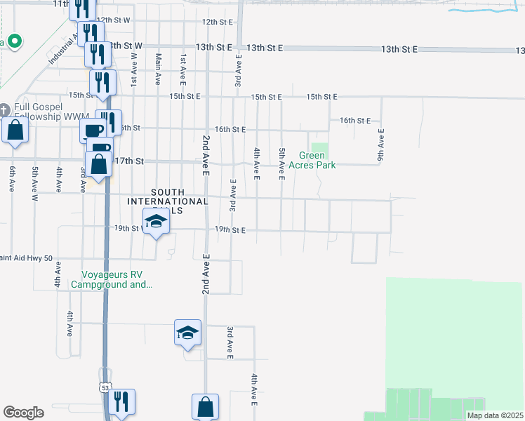 map of restaurants, bars, coffee shops, grocery stores, and more near 1807 4th Avenue East in International Falls