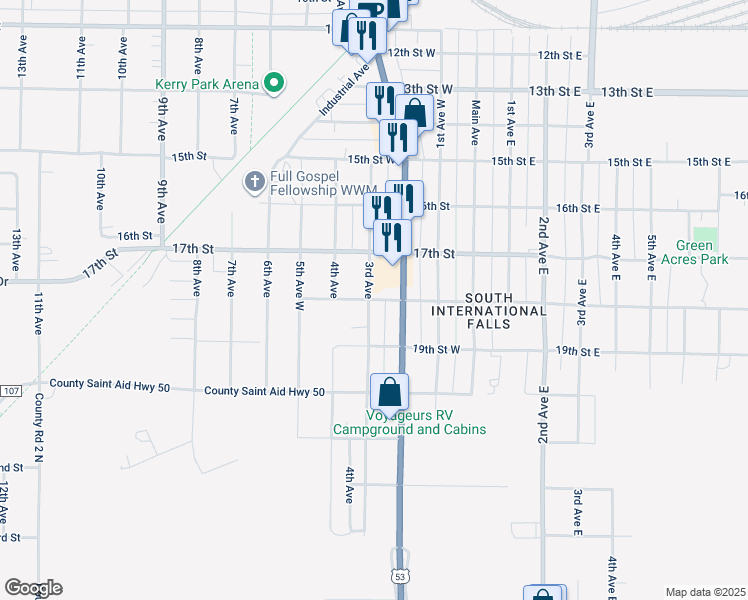 map of restaurants, bars, coffee shops, grocery stores, and more near 1802 2nd Avenue in International Falls