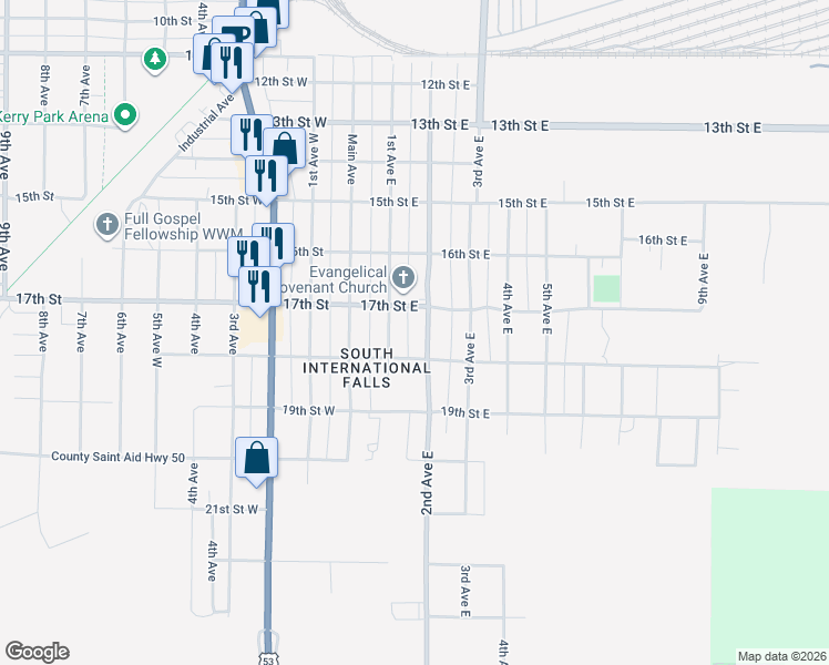 map of restaurants, bars, coffee shops, grocery stores, and more near 1709 1st Avenue East in International Falls