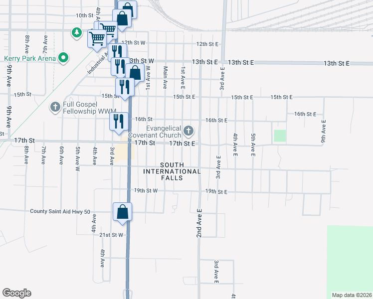 map of restaurants, bars, coffee shops, grocery stores, and more near 1709 1st Avenue East in International Falls