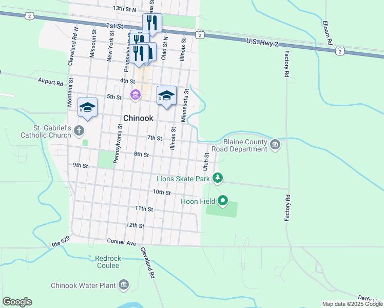 map of restaurants, bars, coffee shops, grocery stores, and more near 724 Minnesota Street in Chinook