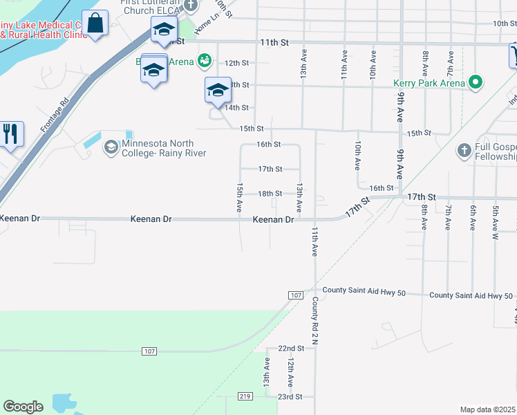 map of restaurants, bars, coffee shops, grocery stores, and more near 1382 Keenan Drive in International Falls