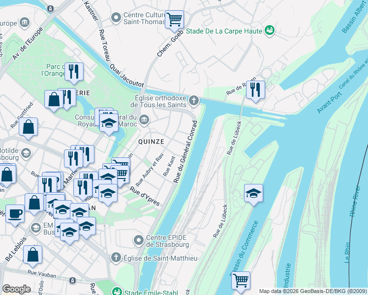 map of restaurants, bars, coffee shops, grocery stores, and more near 71 Rue du Général Conrad in Strasbourg