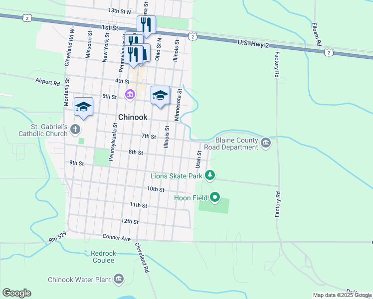 map of restaurants, bars, coffee shops, grocery stores, and more near 724 Minnesota Street in Chinook