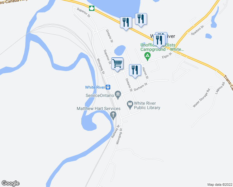 map of restaurants, bars, coffee shops, grocery stores, and more near 214 Winnipeg Street in White River
