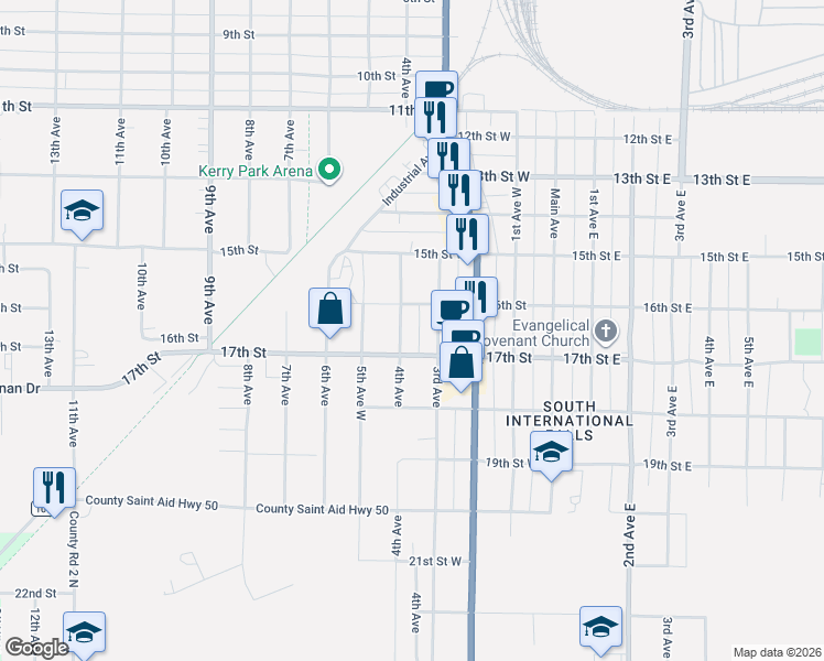 map of restaurants, bars, coffee shops, grocery stores, and more near 1601 4th Avenue in International Falls