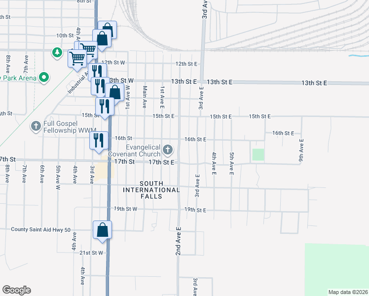 map of restaurants, bars, coffee shops, grocery stores, and more near 1601 2nd Avenue East in International Falls