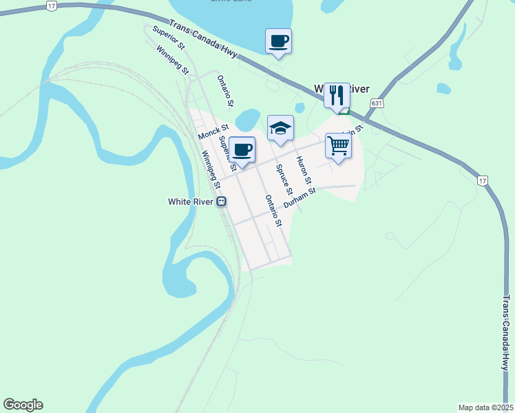 map of restaurants, bars, coffee shops, grocery stores, and more near 214 Winnipeg Street in White River