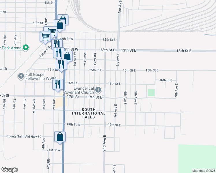 map of restaurants, bars, coffee shops, grocery stores, and more near 1601 2nd Avenue East in International Falls