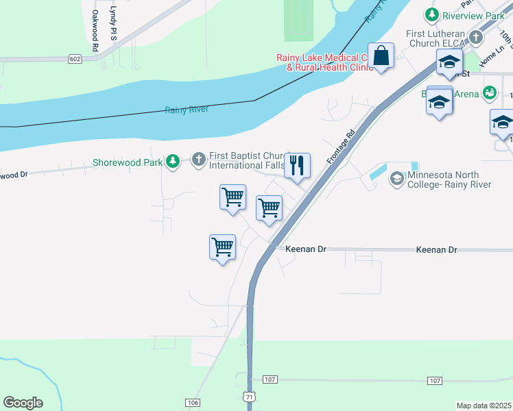 map of restaurants, bars, coffee shops, grocery stores, and more near 1606 Minnesota 11 in International Falls