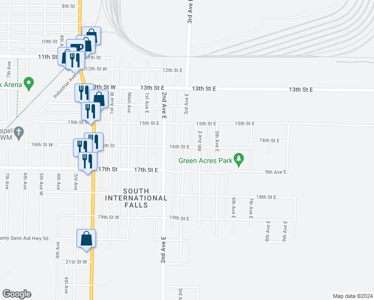 map of restaurants, bars, coffee shops, grocery stores, and more near 1601 3rd Avenue East in International Falls