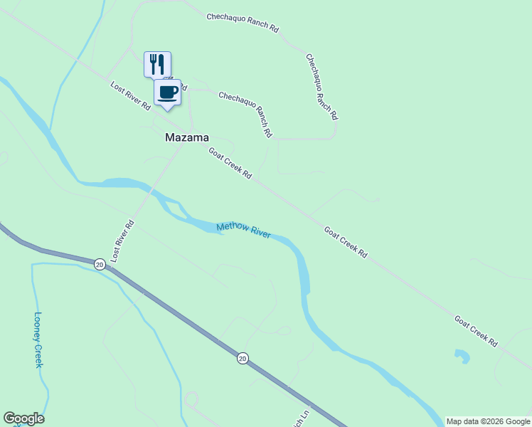 map of restaurants, bars, coffee shops, grocery stores, and more near 501 Goat Creek Road in Mazama