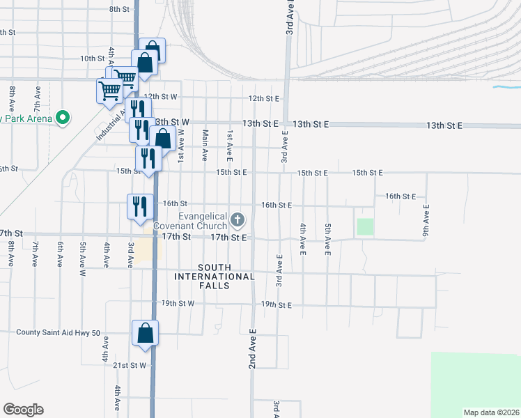 map of restaurants, bars, coffee shops, grocery stores, and more near 1601 2nd Avenue East in International Falls