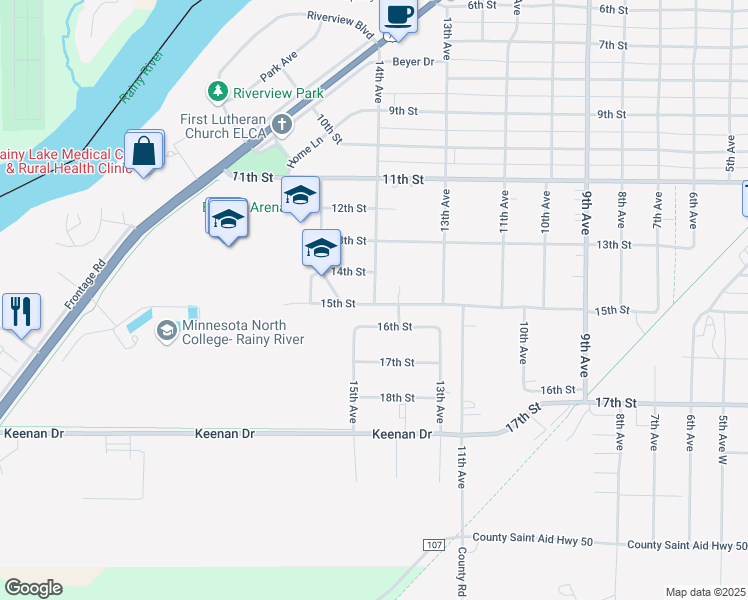 map of restaurants, bars, coffee shops, grocery stores, and more near 1414 14th Avenue in International Falls