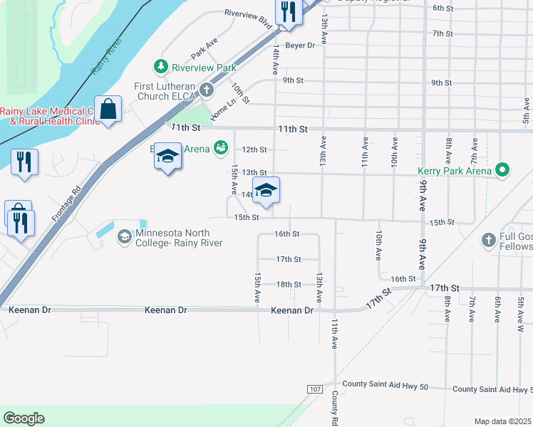 map of restaurants, bars, coffee shops, grocery stores, and more near 1414 14th Avenue in International Falls