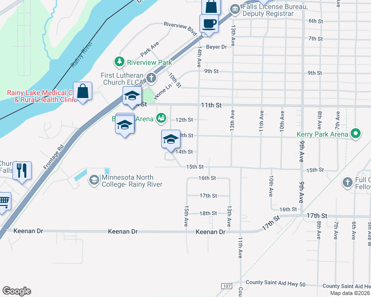 map of restaurants, bars, coffee shops, grocery stores, and more near 1404 14th Street in International Falls