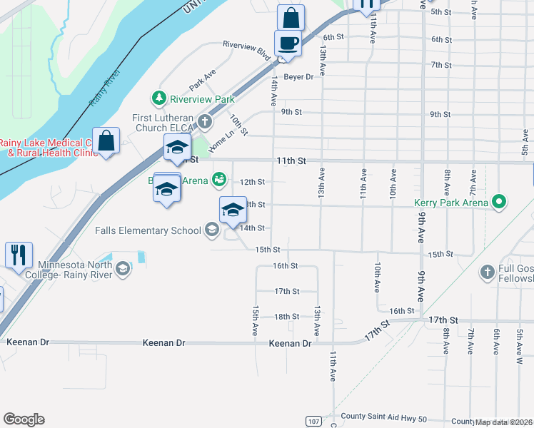 map of restaurants, bars, coffee shops, grocery stores, and more near 1404 14th Street in International Falls