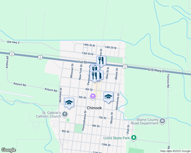 map of restaurants, bars, coffee shops, grocery stores, and more near 217 Indiana Street in Chinook