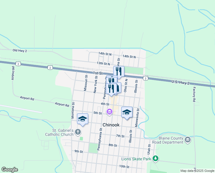 map of restaurants, bars, coffee shops, grocery stores, and more near 217 Indiana Street in Chinook