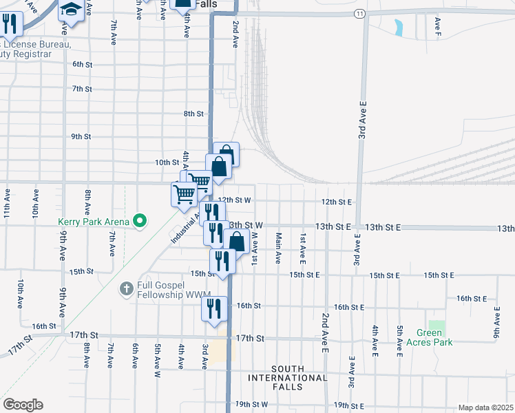 map of restaurants, bars, coffee shops, grocery stores, and more near 1123 1st Avenue in International Falls
