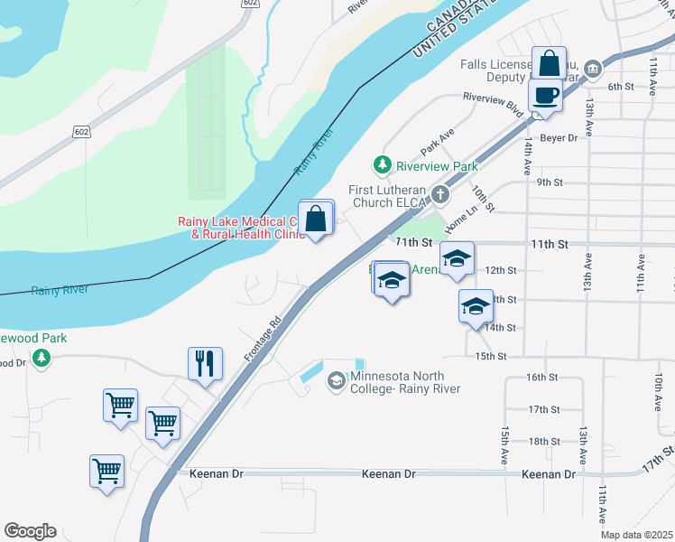 map of restaurants, bars, coffee shops, grocery stores, and more near 1606 Minnesota 11 in International Falls