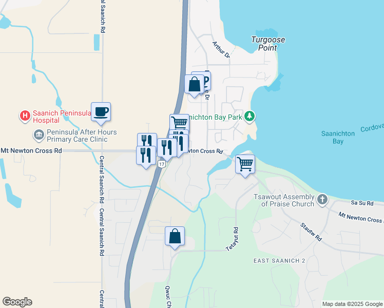 map of restaurants, bars, coffee shops, grocery stores, and more near 15 Hermwood Lane in Saanichton