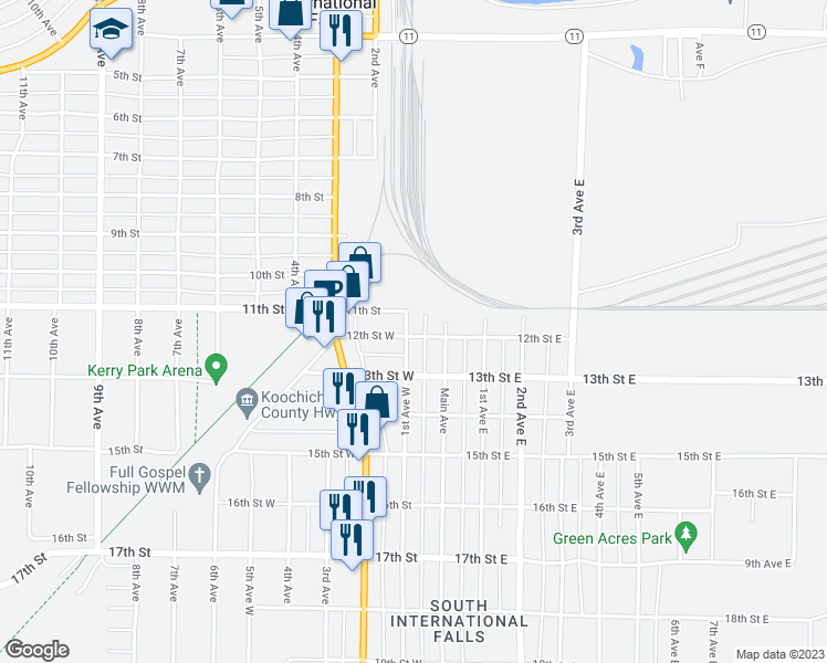 map of restaurants, bars, coffee shops, grocery stores, and more near 1123 1st Avenue in International Falls