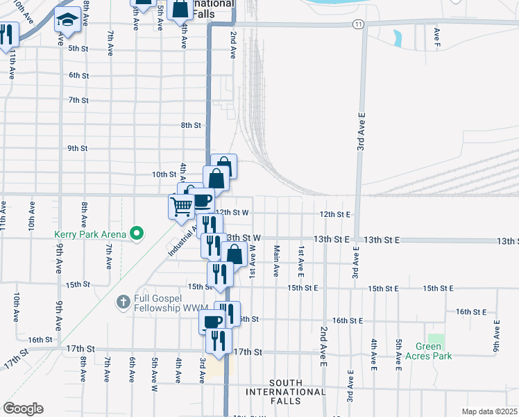 map of restaurants, bars, coffee shops, grocery stores, and more near 1123 1st Avenue in International Falls