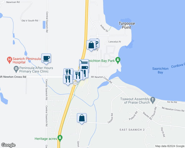map of restaurants, bars, coffee shops, grocery stores, and more near 15 Hermwood Lane in Saanichton