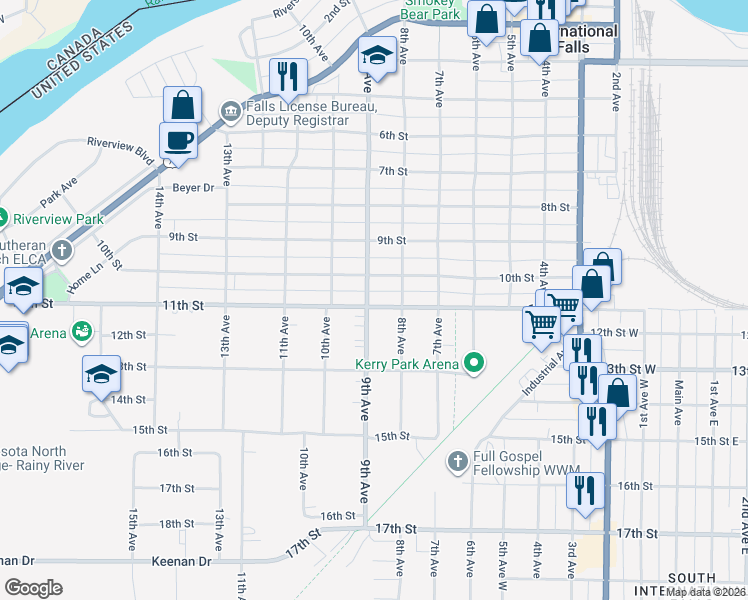 map of restaurants, bars, coffee shops, grocery stores, and more near 1001 9th Avenue in International Falls