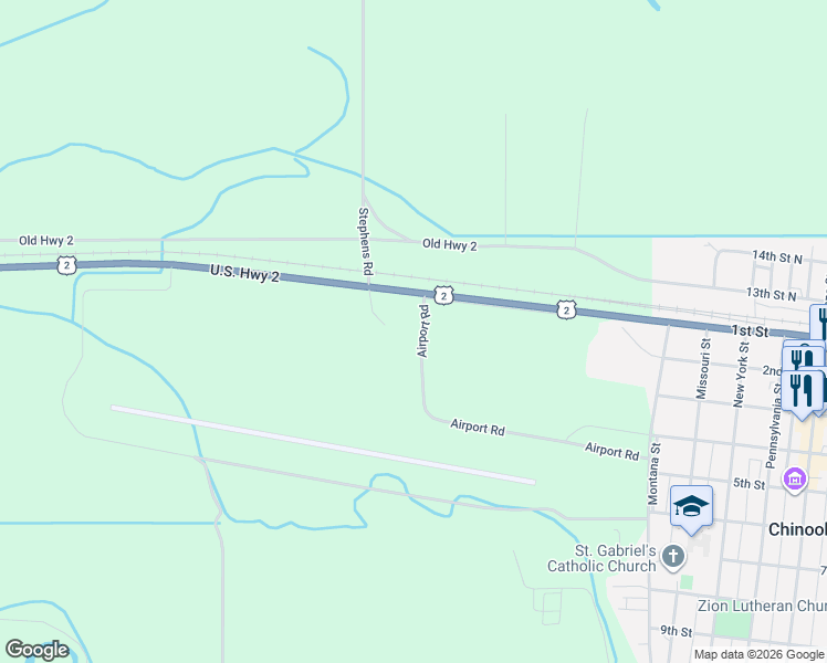map of restaurants, bars, coffee shops, grocery stores, and more near Airport Road in Chinook