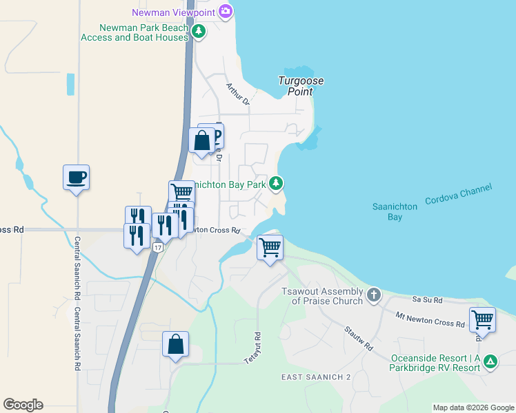 map of restaurants, bars, coffee shops, grocery stores, and more near 2600 Ferguson Road in Saanichton