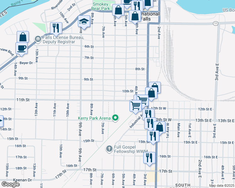 map of restaurants, bars, coffee shops, grocery stores, and more near 517 10th Street in International Falls