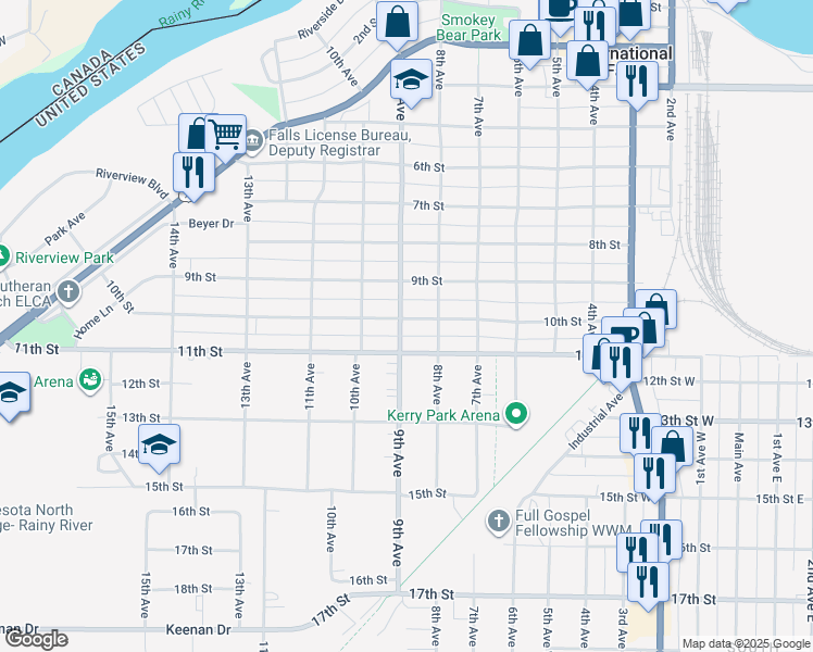 map of restaurants, bars, coffee shops, grocery stores, and more near 1001 9th Avenue in International Falls