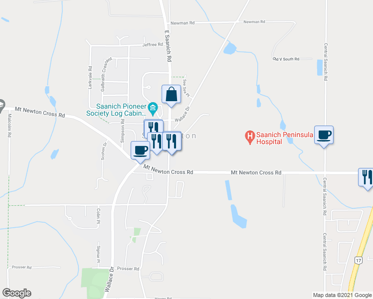 map of restaurants, bars, coffee shops, grocery stores, and more near 102-7851 East Saanich Road in Saanichton