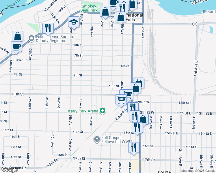 map of restaurants, bars, coffee shops, grocery stores, and more near 517 10th Street in International Falls