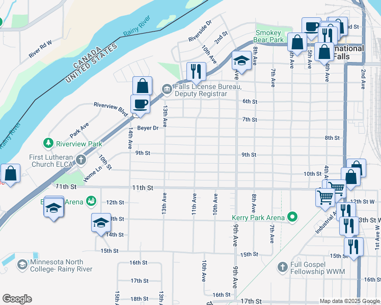map of restaurants, bars, coffee shops, grocery stores, and more near 814 11th Avenue in International Falls
