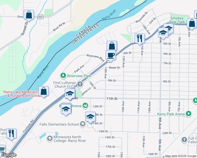 map of restaurants, bars, coffee shops, grocery stores, and more near 1404 Home Lane in International Falls