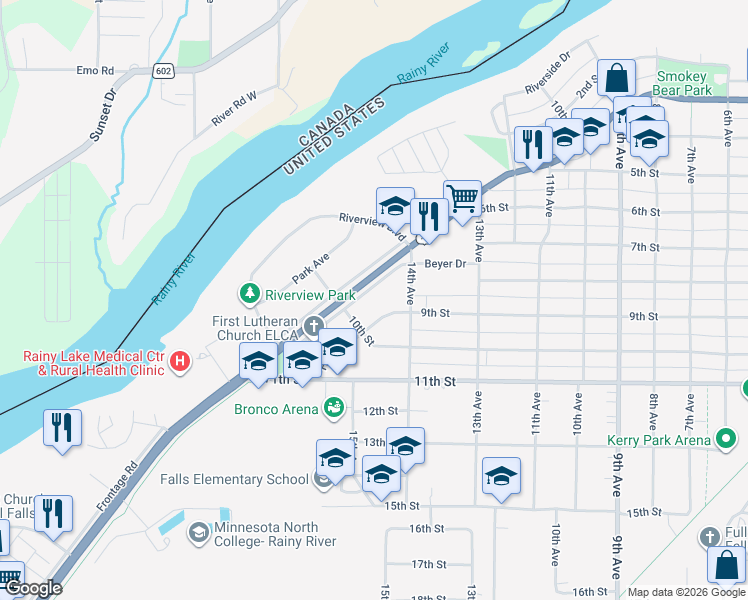 map of restaurants, bars, coffee shops, grocery stores, and more near 1404 Home Lane in International Falls