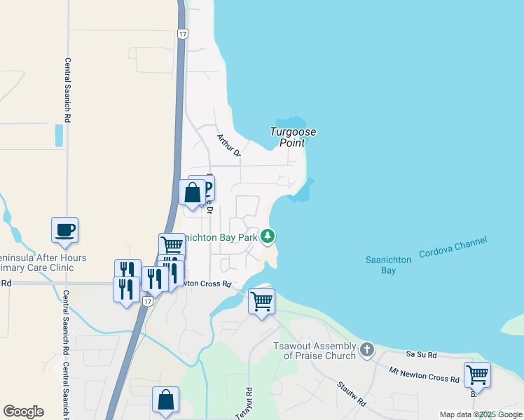 map of restaurants, bars, coffee shops, grocery stores, and more near 2629 Lancelot Place in Saanichton