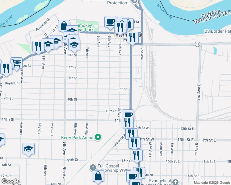 map of restaurants, bars, coffee shops, grocery stores, and more near 813 5th Avenue in International Falls