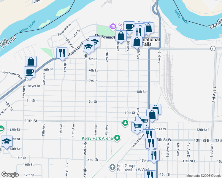 map of restaurants, bars, coffee shops, grocery stores, and more near 705 7th Avenue in International Falls